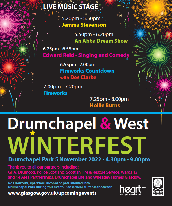 An organised fireworks display🎆will take place as part of Drumchapel & West Winterfest on 5 Nov. There will also be live music & comedy. Fun from 4.30pm-9pm in Drumchapel Park. Fireworks countdown by Des Clarke at 6.55pm 👇 Expect some local road closures for safety reasons.