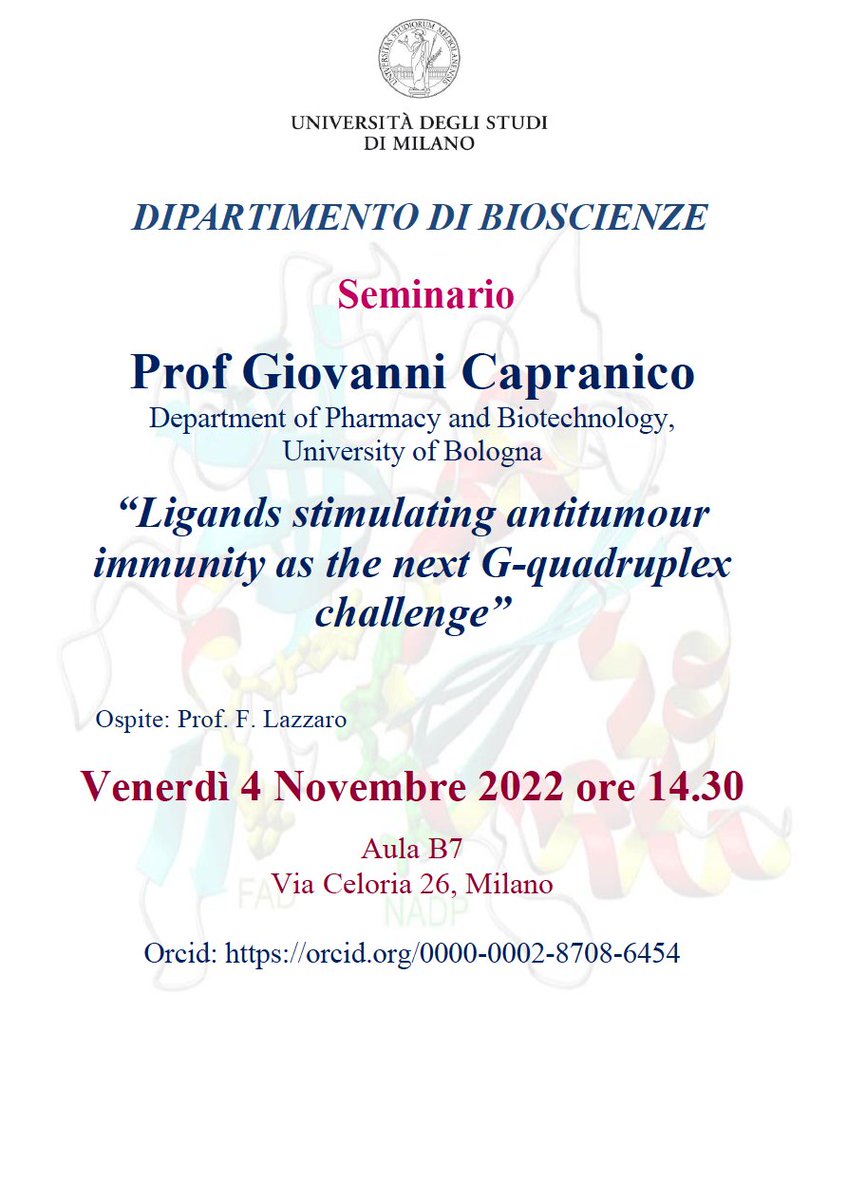Genome-Instability&Human-Pathologies (@gpathologies) on Twitter photo A very interesting seminar in our Dep. will have soon, about G-quadruplex structures, tumors and the immune system, from <a href="/gcapranico/">giovanni capranico</a> !!! A very interesting seminar in our Dep. will have soon, about G-quadruplex structures, tumors and the immune system, from <a href="/gcapranico/">giovanni capranico</a> !!!