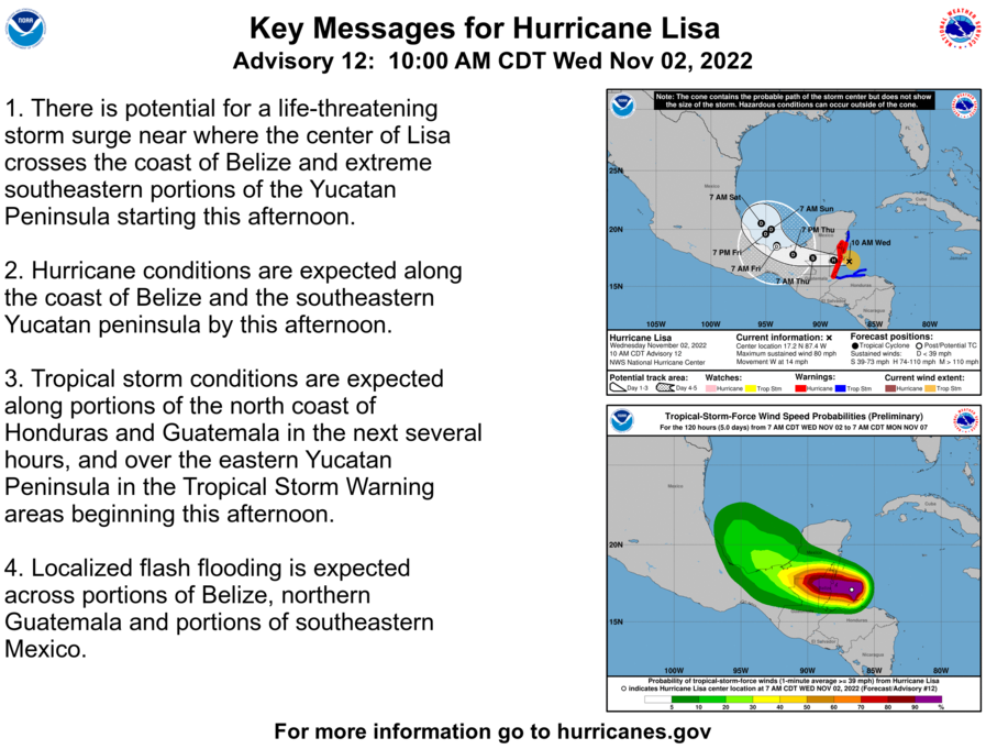 NHC_Atlantic's tweet photo. 10am CDT 11/2: #Hurricane #Lisa is approaching the coast of Belize.  Here are the Key Messages for Advisory 12 - the latest advisory is always at https://t.co/tW4KeFW0gB https://t.co/QqfCF90V0V