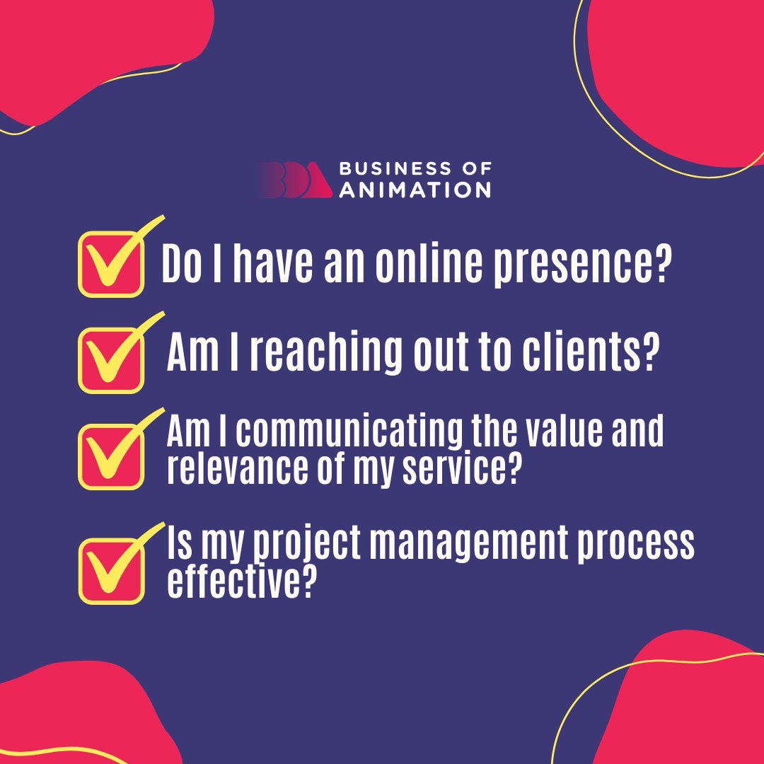 animationbiz's tweet image. 3. Am I communicating the value and relevance of my service?
4. Is my project management process effective?
5. Is it easy for clients to find me? 
6. Am I marketing myself efeffectively7. Have I taken measures to learn new things and improve my skills?

#AnimationQuestions