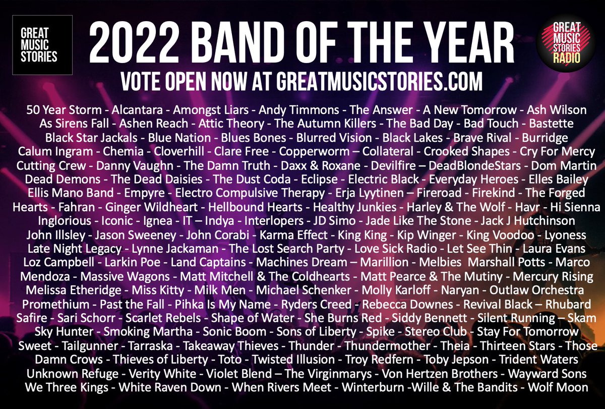 💥💥Band of the Year 2022 💥💥
One of these acts will be the eighth Band of the Year! 

The vote is now open. Have your say at greatmusicstories.com

Full details on Friday’s rockshow at 5pm. 
Vote closes on Sunday night.