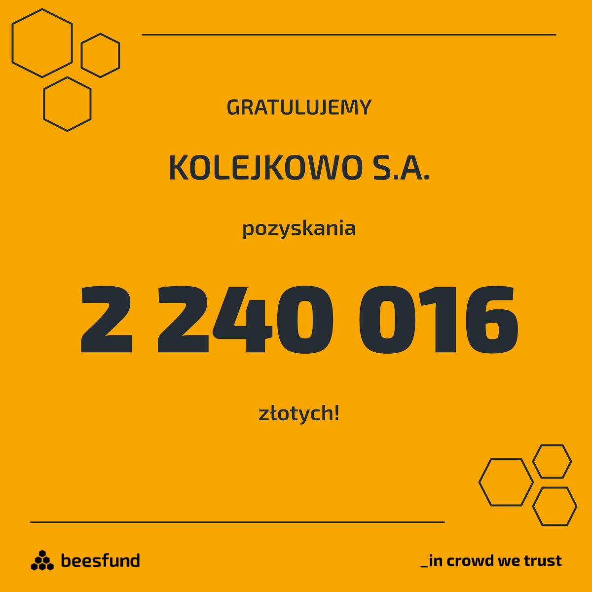 Czy rok 2022 to dobry czas na pozyskiwanie środków w modelu equity crowdfundingu? Nasz emitent 
<a href="/Kolejkowo/">Kolejkowo</a> dzięki ogromnemu zaangażowaniu oraz interesującej propozycji dla inwestorów zakończył emisję akcji przed terminem, zamykając licznik kwotą 
2 240 016 zł. Gratulujemy!