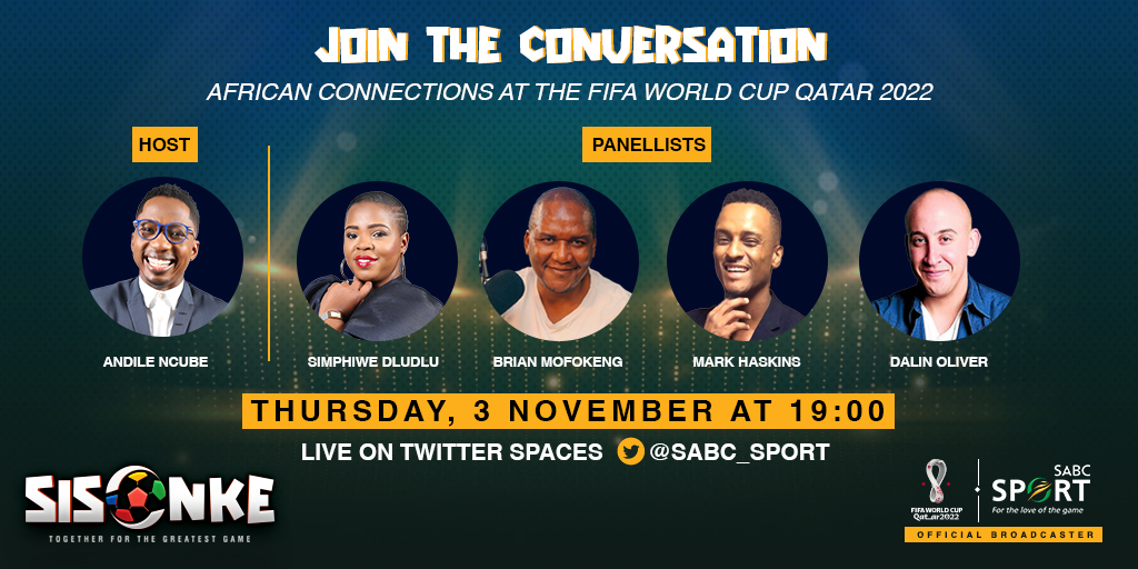 ‼️ #SABCSport is hosting #FIFAWorldCupQatar2022 Twitter Space &amp; we want 🫵🏽 to be part of it ‼️

Join our stellar lineup as we unpack football the best way we know how, the Mzansi way!⚽️

🗓️ Thursday, 3 November 
⏰ 19:00
🔗 x.com/i/spaces/1lDxL… 

#Sisonke #SABCSportFootball