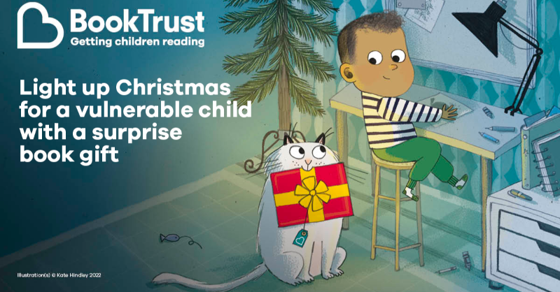 Booktrust's tweet photo. Christmas won't be magical for every child. A surprise festive book gift from you could light up Christmas for a vulnerable child. Will you help? Donate today and make a child feel special.