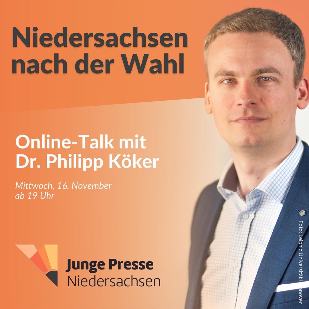 deinejpn's tweet photo. #Niedersachsen bekommt eine neue Landesregierung – wie geht es nun weiter? 🗳️ Wir freuen uns auf den Online-Talk mit Politikwissenschaftler @PhilippKoeker von der @UniHannover! 📊💬
📆 Termin: 16. November um 19 Uhr, hier geht's zur Anmeldung: https://t.co/nX0PhBWOUY #ltwnds22 https://t.co/0cZy3T2IQU