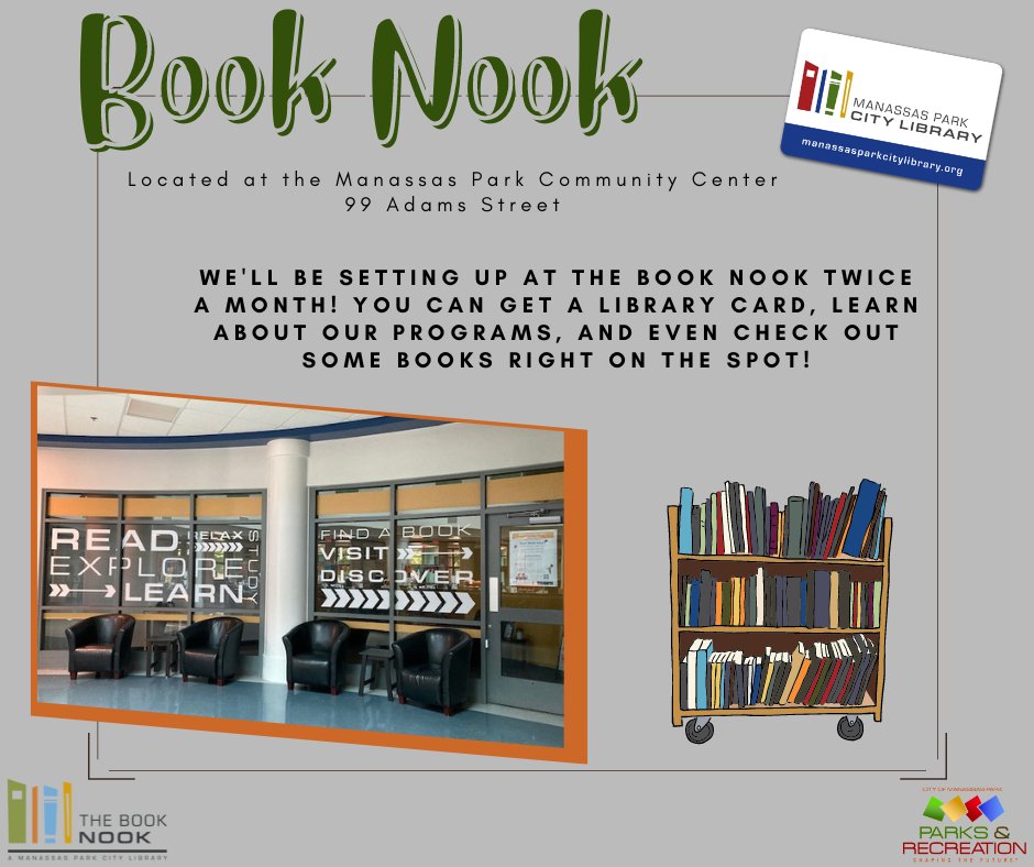 📌 Starting on November 6th, the #ManassasParkCityLibrary will be at the Book Nook at #MPCC twice a month! You'll be able to get a library card, learn about the libraries upcoming programs, and even check out books right on the spot! 📚 When: Sunday, November 6th @ 12:30pm