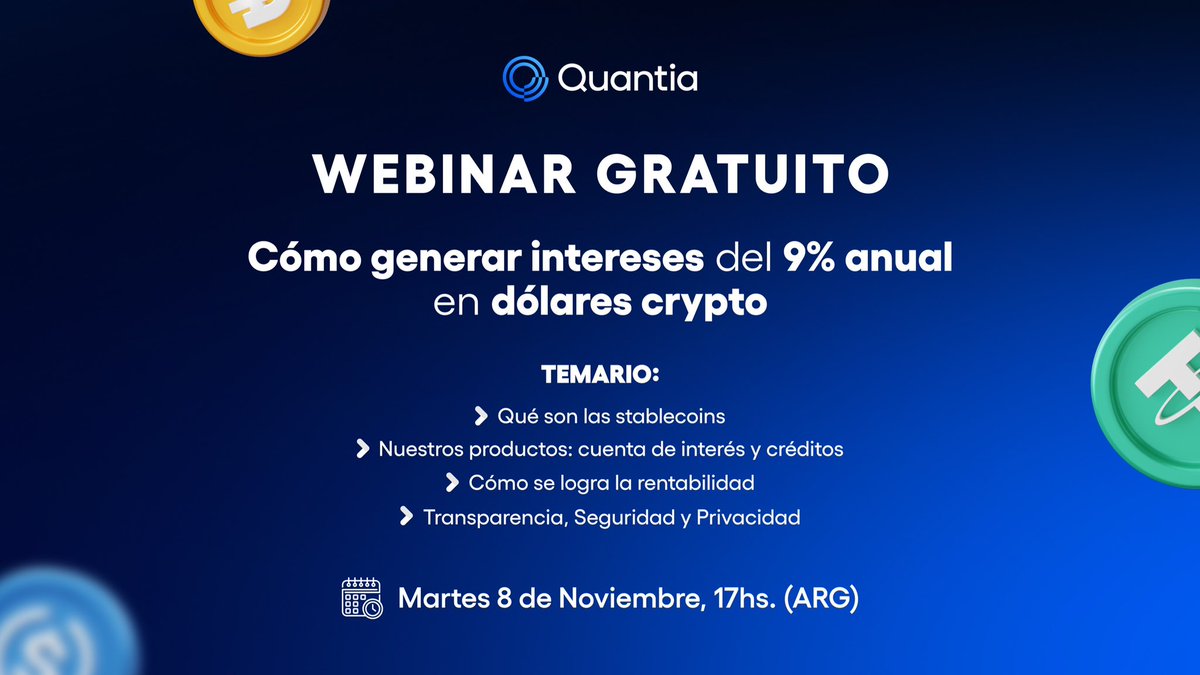 quantia_io's tweet photo. ¿Querés conocer más sobre el mundo crypto? ¿Te interesa aprender a generar intereses de hasta un 9% anual en dólares #crypto? 

Entonces te invitamos a a participar de nuestra charla virtual y gratuita el próximo martes 8/11 a las 17 h.

Registrate acá 📲 https://t.co/Tg15SxEelH https://t.co/LpIiNIyMji
