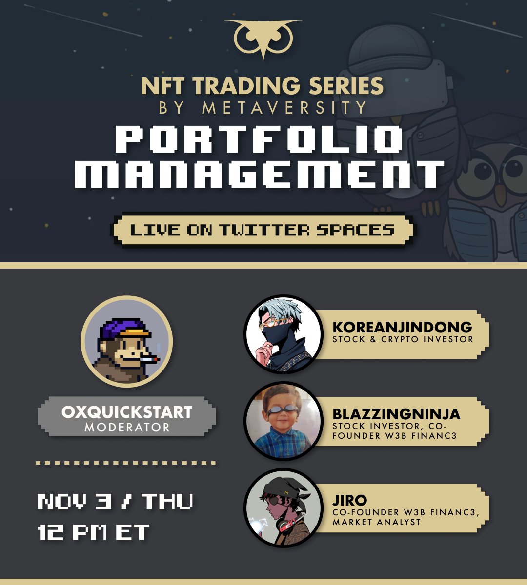 A well-balanced investment portfolio (crypto + stocks) is critical to generate sustainable income. Also need to know to adapt it to market conditions.

Join us Thursday 12pm ET as we talk with a panel of experts about this!
 <a href="/0xQuickstart/">0xQuickstart</a> <a href="/Jirocrypto1/">Jiro :)</a> @koreanjindog <a href="/blazzingninja/">blazzingninja</a>