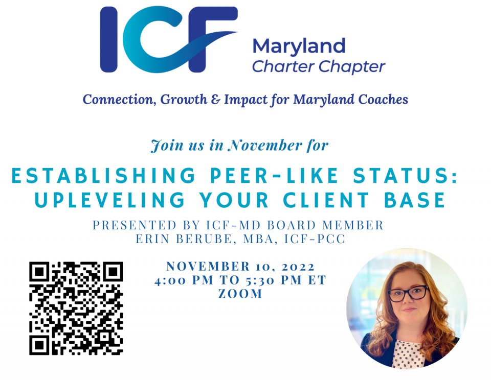Join us!  

Establishing Peer-Like Status presented by ICF-MD Board Member Erin Berube, MBA, PCC

Becoming peer-like to more senior leaders is all about building a true advisory relationship with them. 

Register here- buff.ly/3gU9n5o