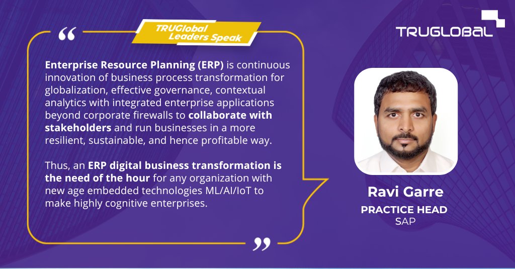 TRUGlobal's tweet photo. Meet our #TRULeader Ravi Garre - #SAP Practice Head

Ravi has 20+ years of experience as a catalyst in building and managing SAP #ERP practice proficiencies, #enterprise #solution #architecture, services, accelerators, and IPs globally.

Below, Ravi shares his vision: https://t.co/dzWotRVdrW