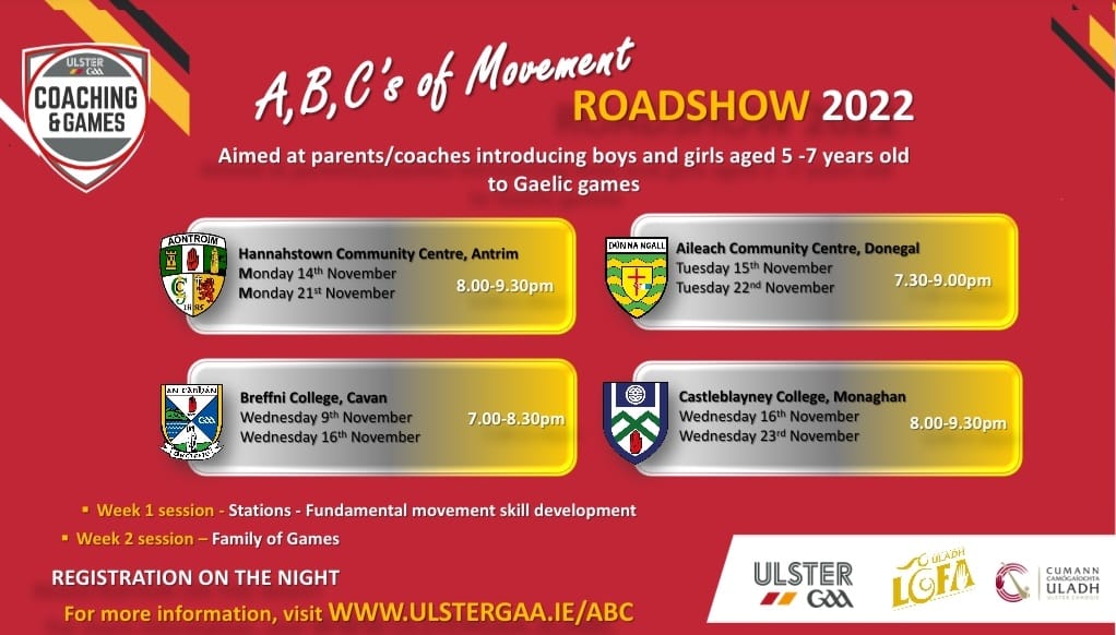 CavanCoBoardGaa's tweet photo. @UlsterGAA will run their A,B,C's Of Movement Roadshow in Breffni College Cavan on Wednesdays 9th &amp; 16th November from 8pm-9.30pm both evenings. The Roadshow is for parents &amp; coaches of the 5-7 year old age groups. https://t.co/e0btVukJxE