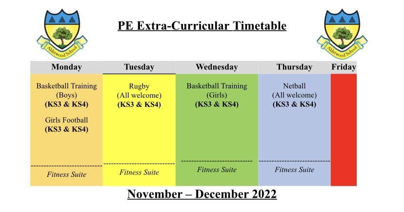 ⭐️ Our November - December extra- curricular timetable ⭐️ 

We are lucky enough to be joined by Basketball4All again this season! We would love to see as many students at Basketball club as possible. See you there ⛹️‍♀️⛹🏻‍♂️