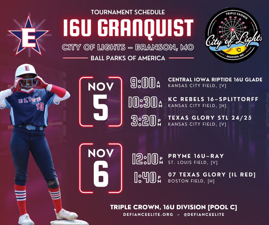 DefianceElite's tweet photo. ‼️It’s happening‼️
🥎 16u Granquist
📅 Nov. 5-6
🏟 Triple Crown, City of Lights 
📍 Branson, MO
💻 https://t.co/tUudS7rSzy

@ATUSoftball @KWUSoftball @CMUeaglesSBB @NWBearcatSB @MaryvilleSB @TrumanSoftball @MSSUSoftball @Miners_SB @DUSoftball https://t.co/CICXmRf4FO