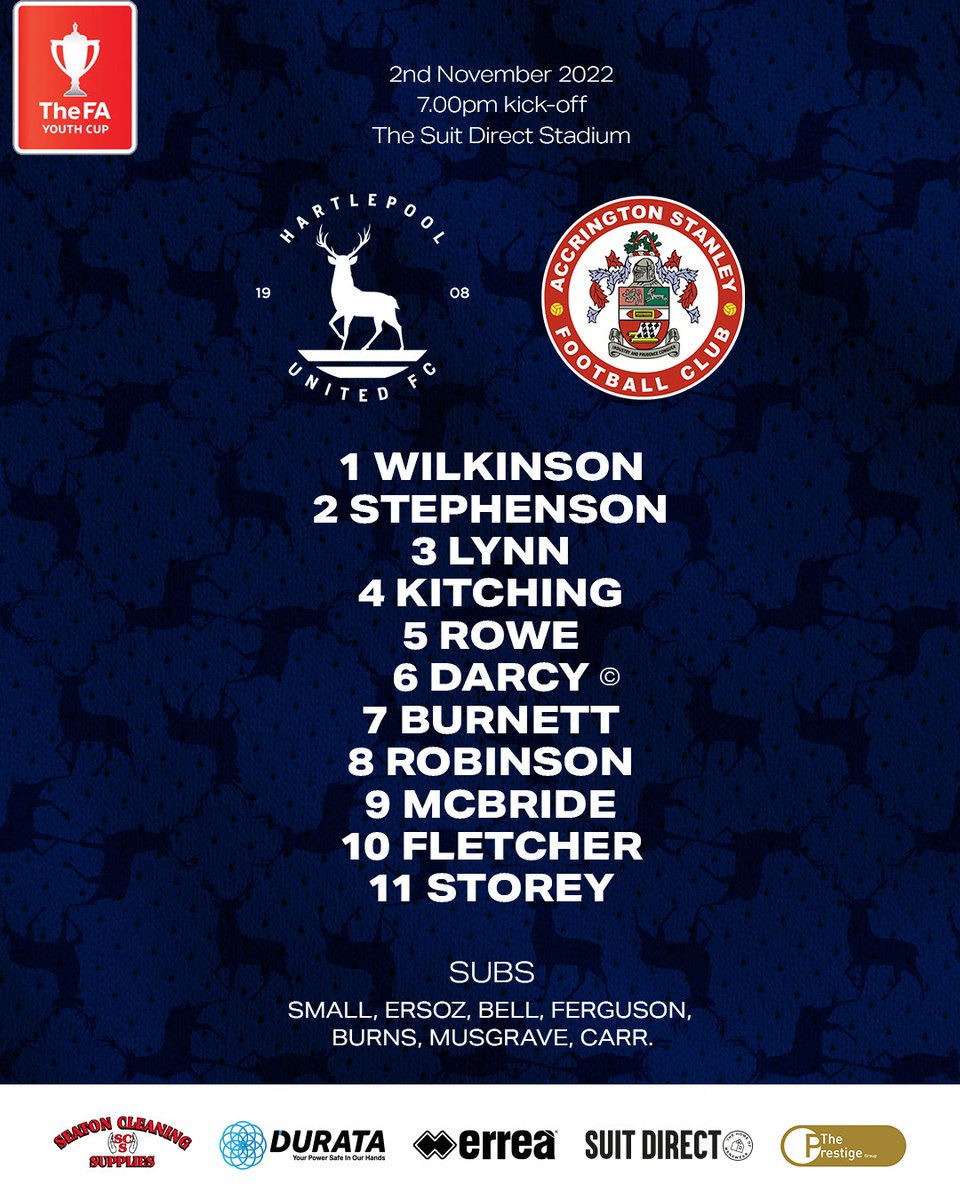 Your Pools XI sponsored by <a href="/SeatonCleaning/">Seaton Cleaning Supplies</a> for this FA Youth Cup first-round fixture against <a href="/ASFCofficial/">Accrington Stanley</a> 📝 

⏰One hour till kick-off
🎟 Tickets available at turnstiles

#HARvACC | #FAYouthCup 🏆