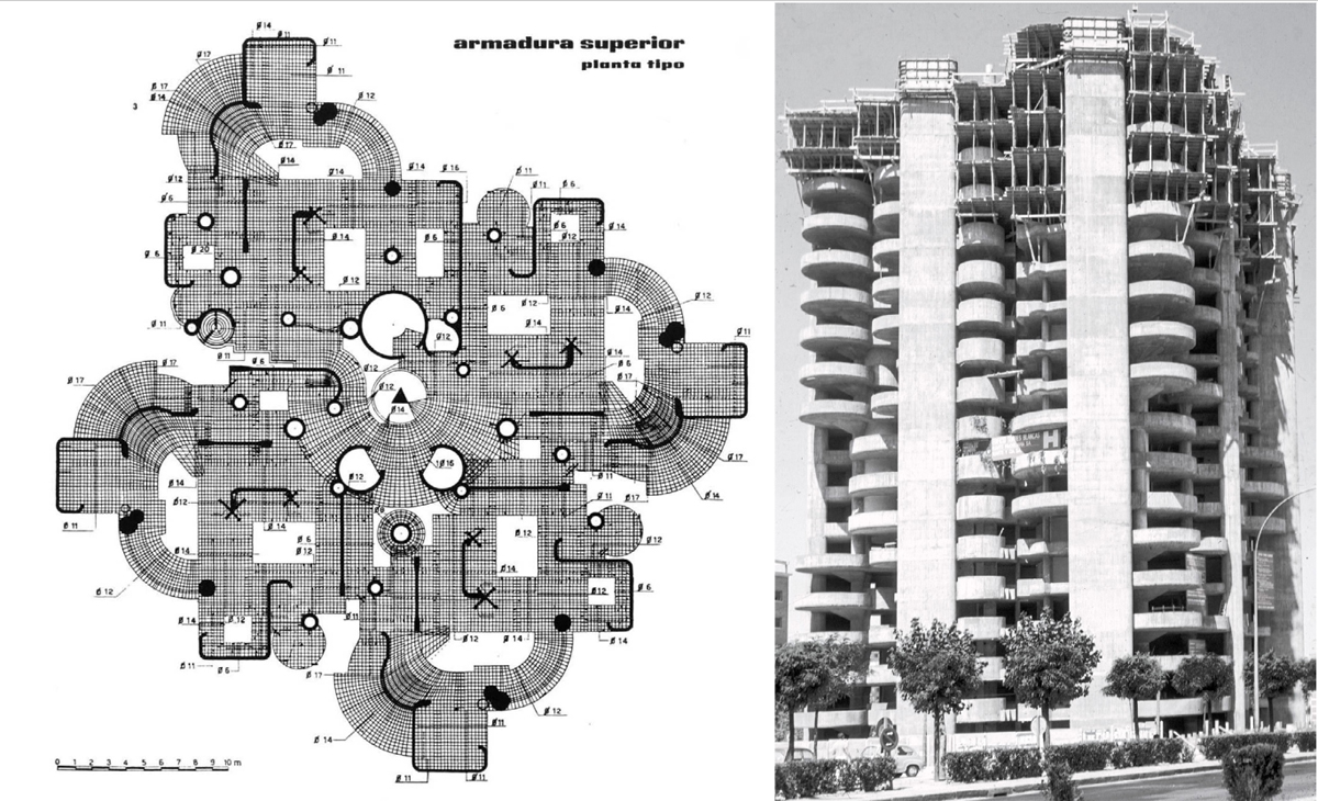... edificio ‘Torres Blancas’: armadura superior de la planta tipo / El edificio en construcción. Sáenz de Oíza, 1958-68. (Informes de la Construcción, 23 (226): 43-64) #hasxx140_esp