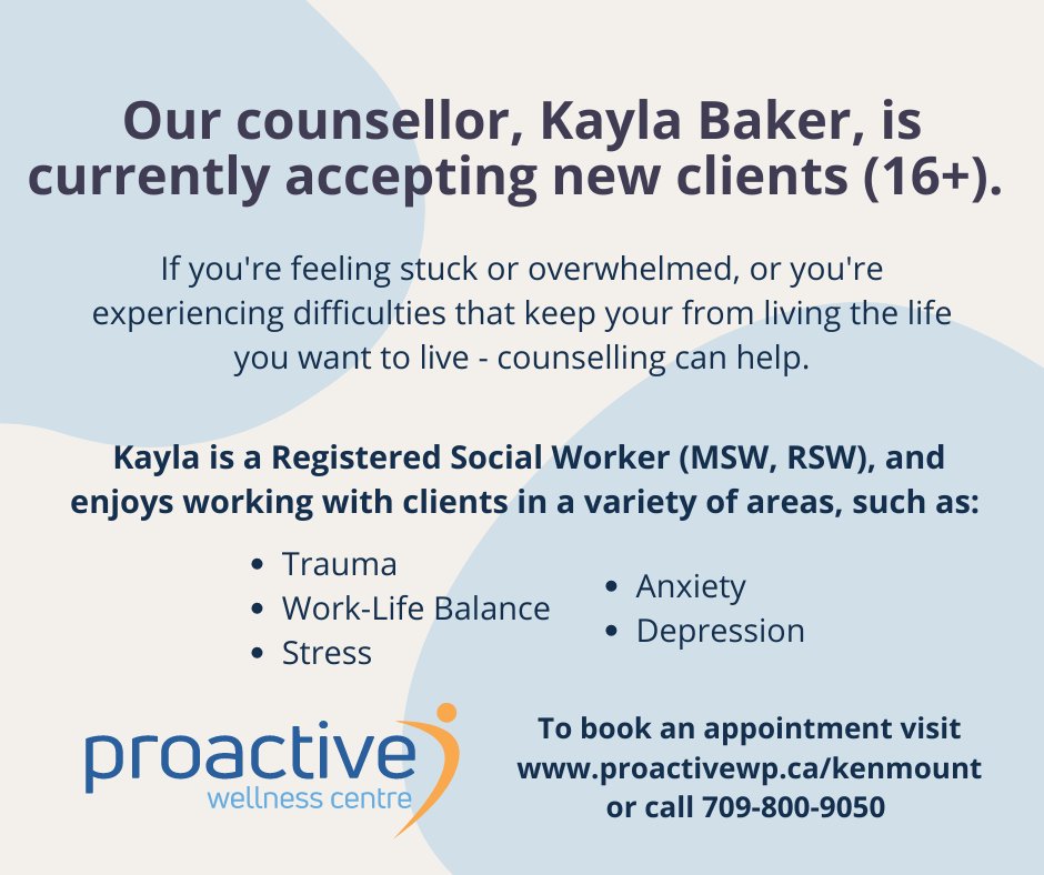 proactivewp's tweet photo. Our Counsellor, Kayla Baker, is now accepting new clients! Visit https://t.co/EIGvQyaMKA or call 709-800-9050 to book an appointment. https://t.co/fEdyyzAcWO