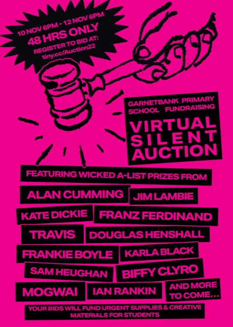Our amazing friends have been working super hard to get together this incredible auction in order to raise funds to help Garnetbank Primary School in Glasgow. 

Live for 48hrs only from 6pm GMT on 10th November. #GBPSilentAuction

Register now! tiny.cc/Auction22
