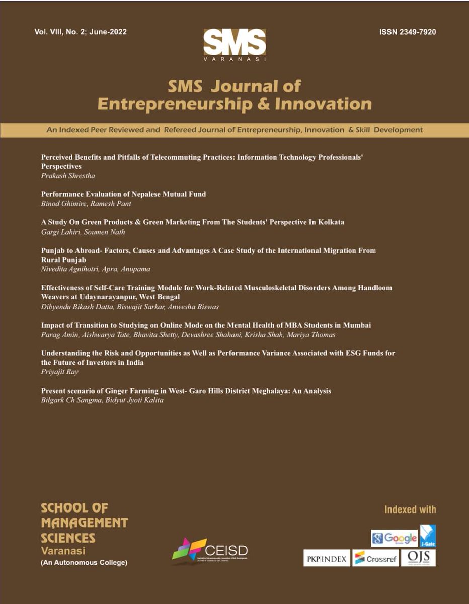 Autonomous, NAAC "A" Grade Accredited SMS, Varanasi, Indexed Peer Reviewed Refereed Journal "SMS Journal of Entrepreneurship &amp; Innovation" published an article.

Thank you, <a href="/BinodGh97621669/">Binod Ghimire</a> sir, for your inspiration and encouragement in this collaborative effort. ☺️