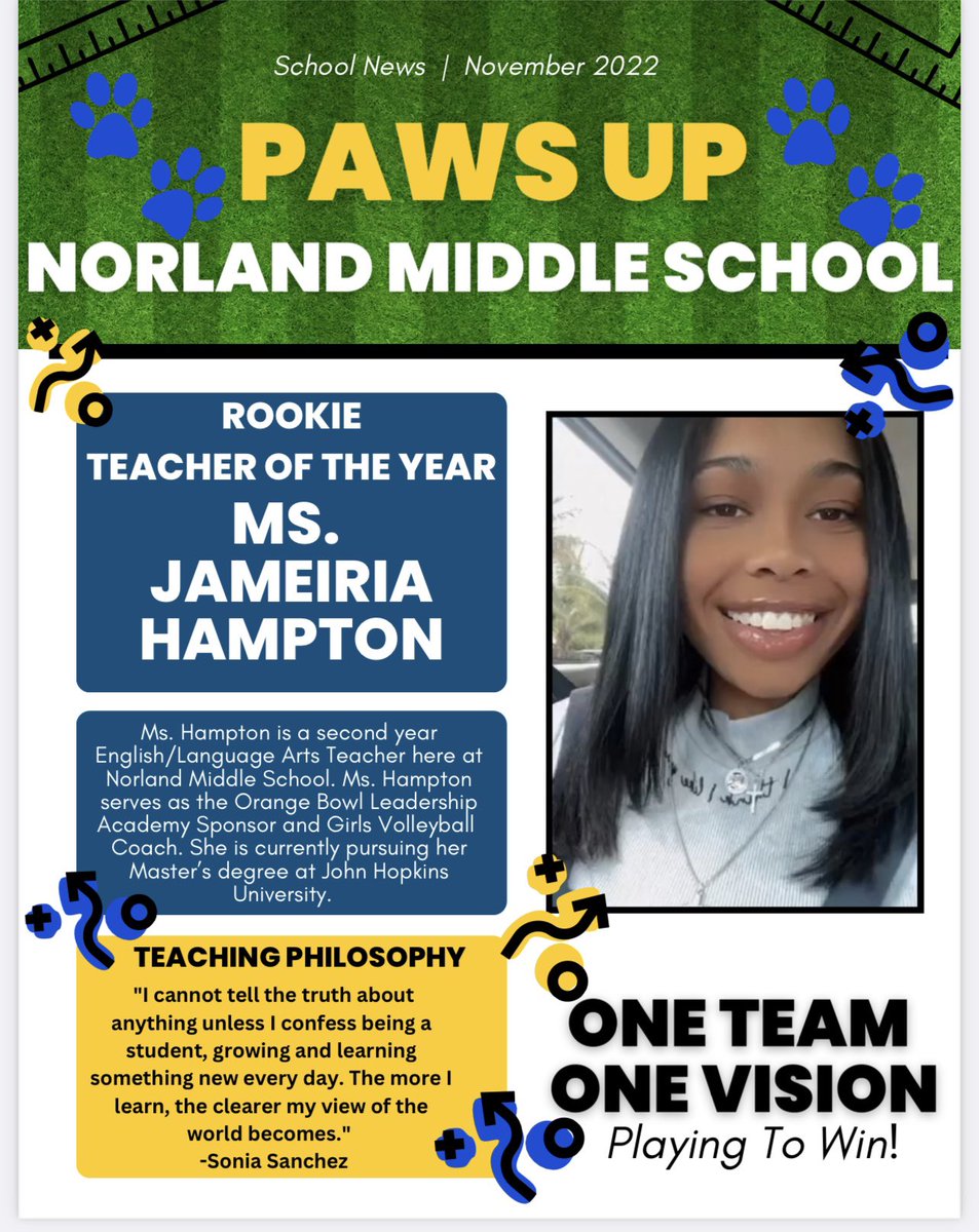 NorlandMiddle's tweet photo. 🐾PAWS UP for Husky Nation’s 2022-2023 Rookie Teacher of the Year Ms. Hampton! 🗣CONGRATULATIONS! #rookieteacheroftheyear #celebration #onevison #huskynation @MDCPSNorth @MsLewis_NRO @SuptDotres https://t.co/VtbwGThjP8