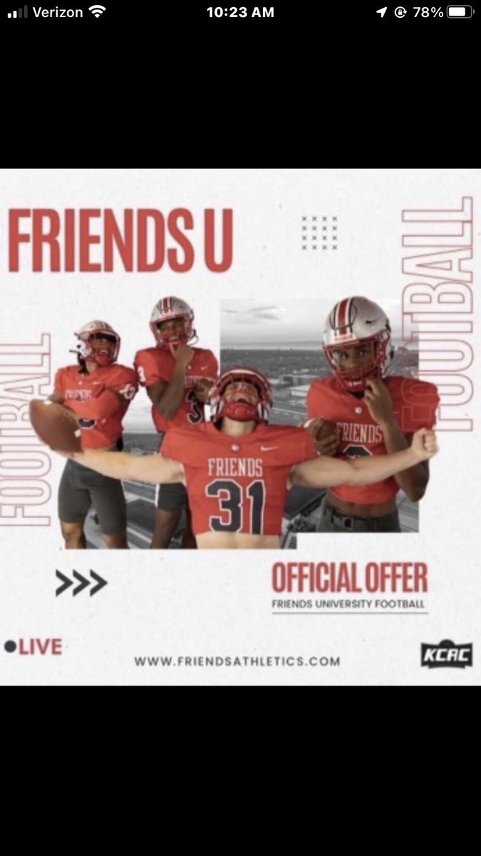 LishernessLogan's tweet photo. After talking with @CoachGreeneFU I am VERY blessed to receive my first offer to Friends University!!! Thank you coach for believing in me! #GoFalcons🔴

@RylandSpencer @BrandonHuffman @JagNationFB @AdamSchakel21 
@CoachHarrisonFU @ManyHatsMilles @manley_tnt https://t.co/7SlpQLoPKC