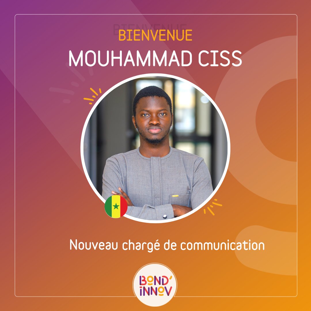 📣 Welcome chez Bond’innov Mouhammad CISS ! Nous avons le plaisir de vous présenter notre nouveau Chargé de communication recruté récemment au Sénégal 🇸🇳. Mouhammad, professionnel du digital, spécialisé dans la communication, le marketing et l'écriture créative.