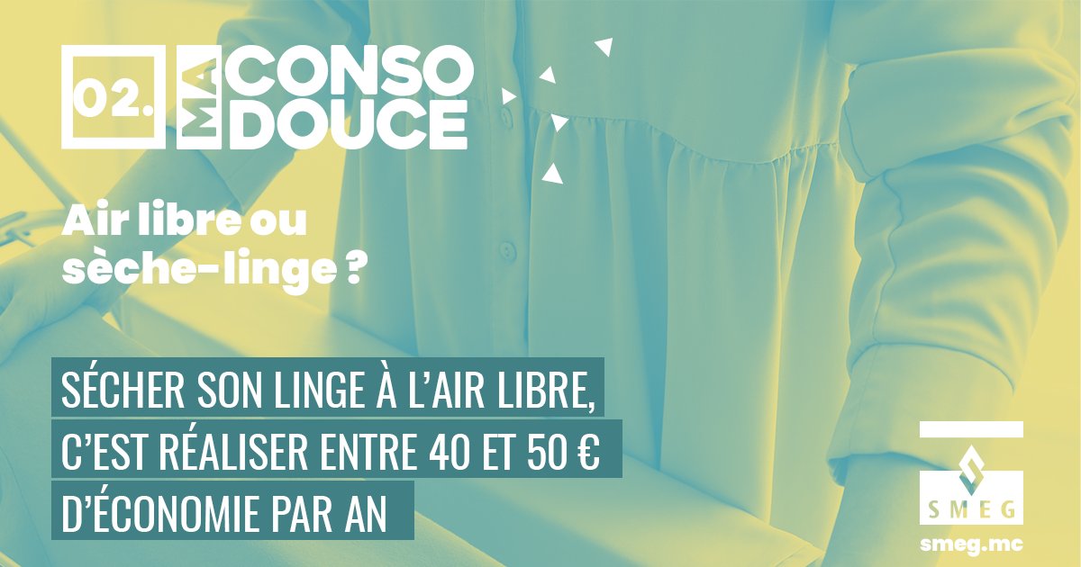 SMEGmonaco's tweet photo. MA CONSO DOUCE #2 : air libre ou sèche-linge ?

Le saviez-vous ? Sécher son linge à l’air libre, c’est réaliser entre 40 et 50 euros d’économie par an.

#ecogestes #laboutiquebySMEG #environnement #economie-energie #conseils #energie #mynexio https://t.co/diOp65o2bM