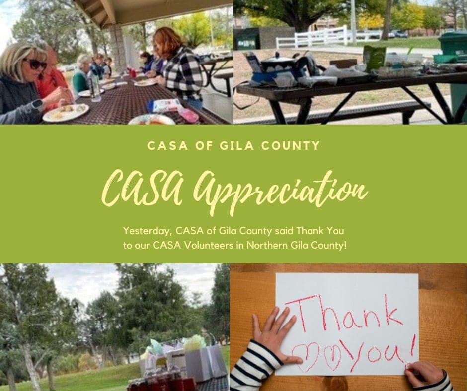 Yesterday our CASAs in Northern Gila County enjoyed a wonderful potluck at Green Valley Park. The positive conversations and wonderful food were the best way to start out the holiday season! Thank you, CASA Volunteers!

#appreciateyou #CASAinTheCommunity #casaofgilacounty