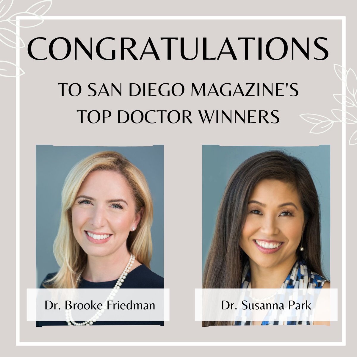 SDFertilityDocs's tweet image. CONGRATULATIONS TO THIS YEAR&apos;S TOP DOCTORS IN INFERTILITY, DR. BROOKE FRIEDMAN AND DR. SUSANNA PARK. 🏆👩‍⚕️

#sdmagazine #topdoc2022 #bestofthebest #DrBrookeFriedman #DrSusannaPark #SDFC #sdfertility #sdinfertility