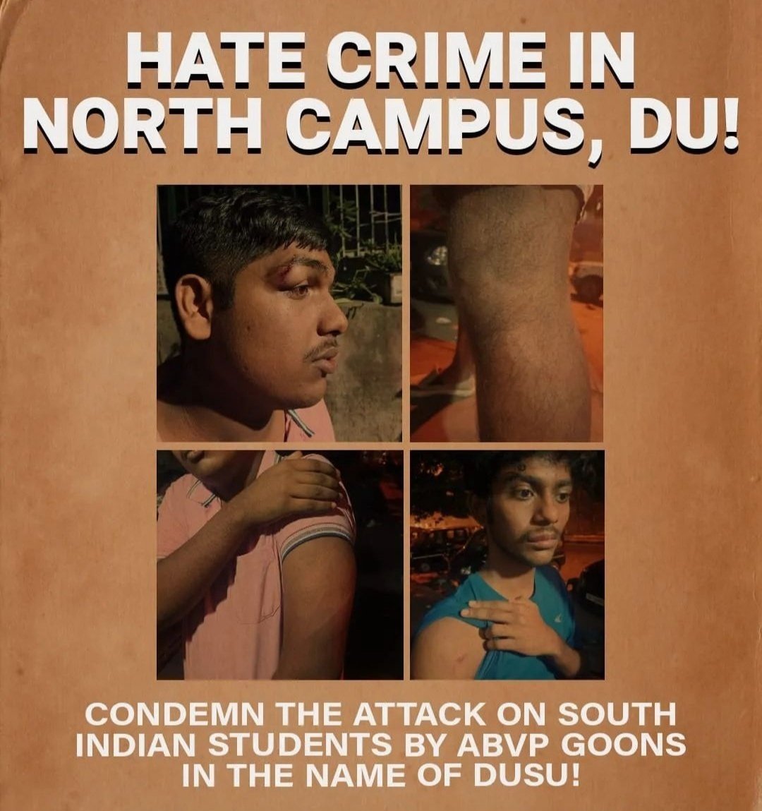 _shriraj's tweet photo. 4 South Indian Students were Beaten up by ABVP Goons in Delhi University for Wearing a Dhoti
#ABVPGoons #BJPkeGundey #BharatJodoYatra #RahulGandhi #DelhiUniversity #DU #Delhi #BJP #SouthIndia #SouthIndian #bjp_against_tamils #bjpmodifailed #ModiDisasterForIndia https://t.co/CVDutH4nD7