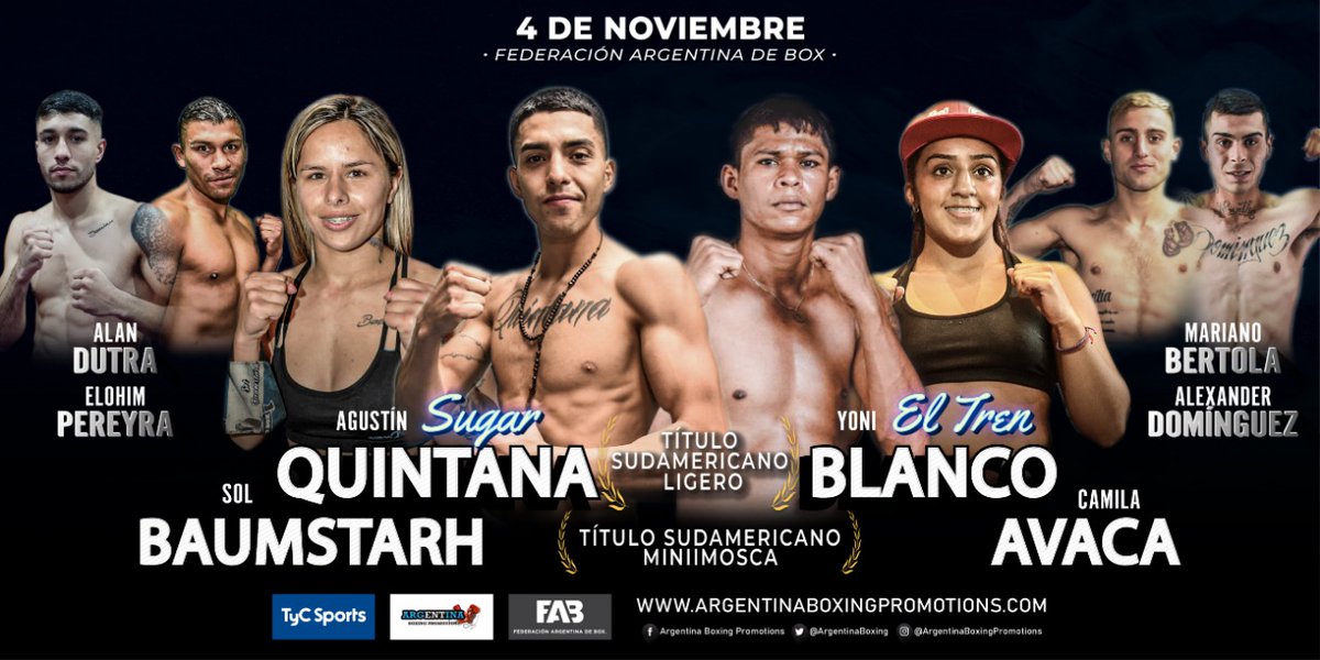 ¡ESTE VIERNES EN LA FAB!

🇦🇷AGUSTÍN QUINTANA-YONI BLANCO🇻🇪
Título sudamericano ligero

🇦🇷SOL BAUMSTARH-CAMILA AVACA🇦🇷
Título sudamericano minimosca

🥊DUTRA-PEREYRA
🥊BERTOLA-DOMÍNGUEZ
🥊BASTIDA-JUÁREZ

🏟️ <a href="/FABoxArg/">Fed. Arg. de Box</a>.

📺📲EN VIVO 21 hs. x <a href="/BoxeoDePrimera/">Boxeo de Primera</a> <a href="/TyCSports/">TyC Sports</a> <a href="/TyCSportsPlay/">TyC Sports Play</a>