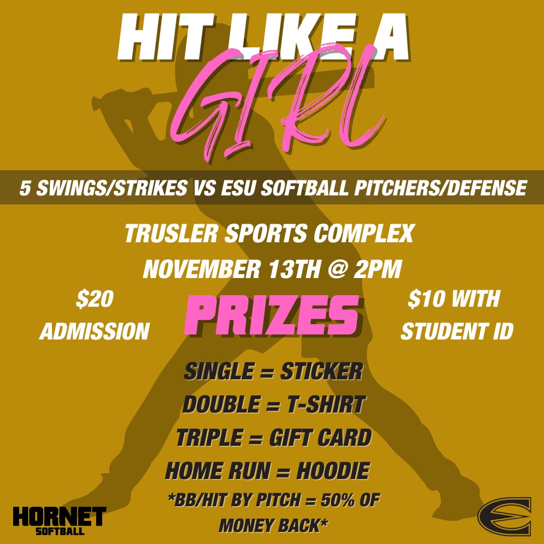 Emporia State Softball (@estate_softball) on Twitter photo So, you think you can hit like a girl? Sign up to find out if you have what it takes!!
This fundraising event is open to the community and students of all ages.
P.S. - We don’t think <a href="/ESUBaseball/">Hornet Baseball</a> or <a href="/esuhornetsfb/">ESU Hornet Football</a> has what it takes to hit a dinger off us… #proveuswrong So, you think you can hit like a girl? Sign up to find out if you have what it takes!!
This fundraising event is open to the community and students of all ages.
P.S. - We don’t think <a href="/ESUBaseball/">Hornet Baseball</a> or <a href="/esuhornetsfb/">ESU Hornet Football</a> has what it takes to hit a dinger off us… #proveuswrong