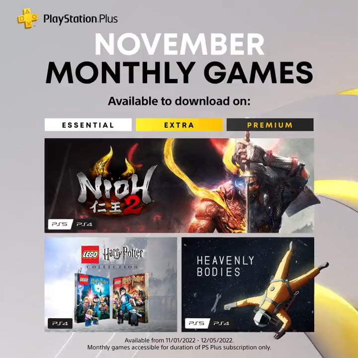 terrasse Utålelig Niende PlayStation on Twitter: "Your PlayStation Plus November Monthly Games are  ready 🗣️ Grab Nioh 2, Heavenly Bodies, and Lego Harry Potter Collection  now through December 5: https://t.co/kUJSgRC9NX https://t.co/BT1fxY74yV" /  Twitter