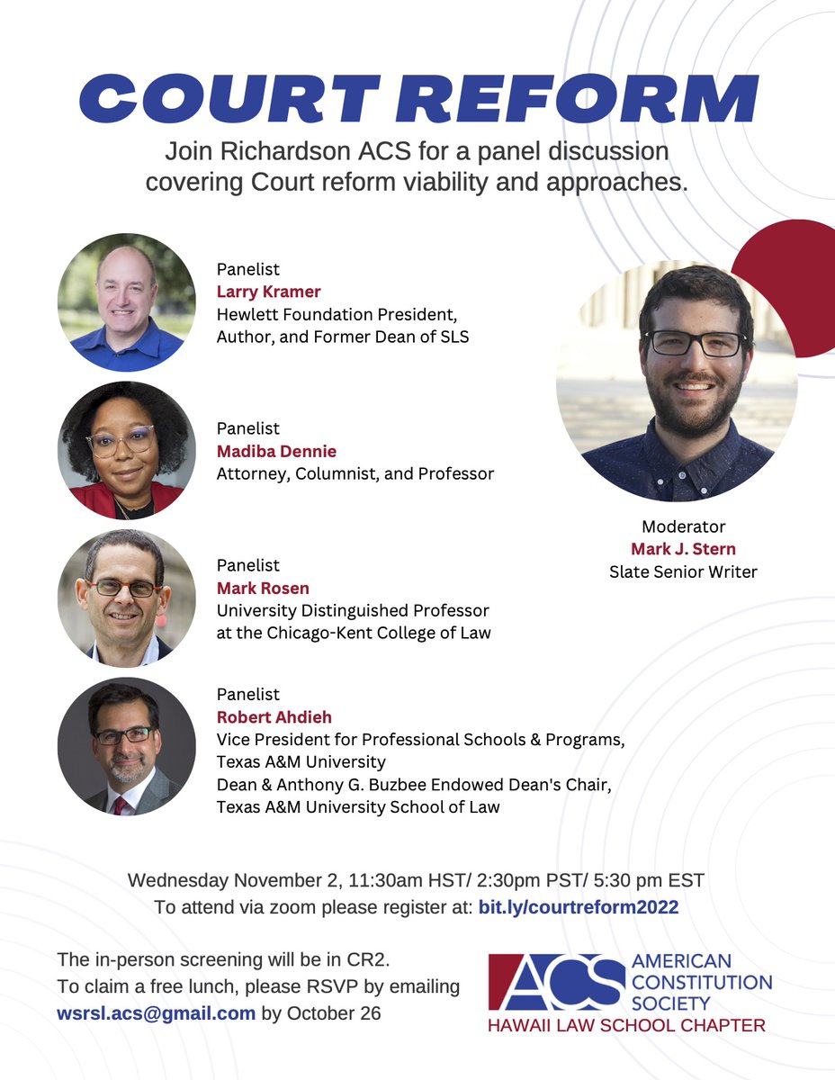 Folks the courts are bad and you can ask me why: Later today I'll be on a panel about court reform hosted by the @UHMLawSchool chapter of the @acslaw and moderated by @mjs_DC Register at bit.ly/courtreform2022 to tune in over Zoom @ 11:30am HST/ 2:30pm PST / 5:30pm EST Nov 2!