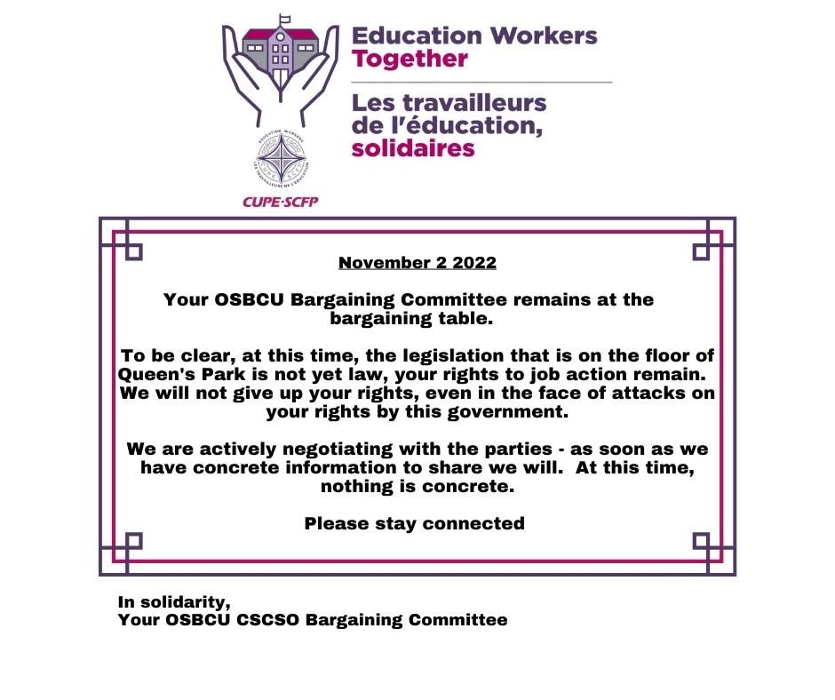 osbcucscso's tweet photo. OSBCU 2022 Bargaining Update # 35 | Négociation du CSCSO 2022 - Mise à jour no 35 - Still Fighting For Your Rights #OntEd #OnPoli https://t.co/OH1BuNHFg6 https://t.co/cdxlKuW5QH