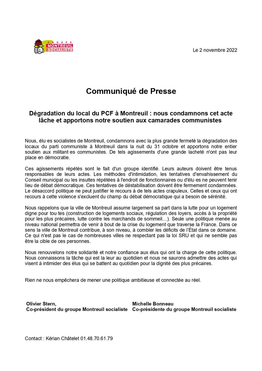 MontreuilSoc's tweet photo. [Communiqué de Presse]

Dégradation du local du PCF à Montreuil : nous condamnons cet acte lâche et apportons notre soutien aux camarades communistes 

Notre communiqué ⤵️ https://t.co/ZikdEo71lC