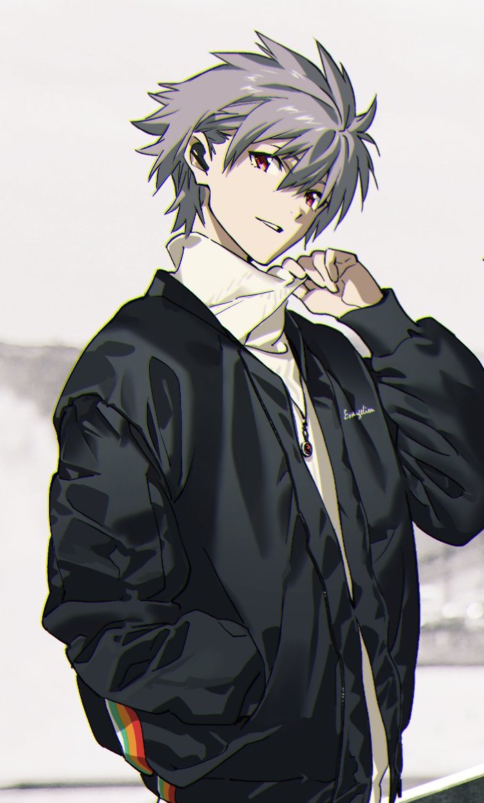 nagisa kaworu 1boy male focus solo grey hair jewelry hand in pocket necklace  illustration images