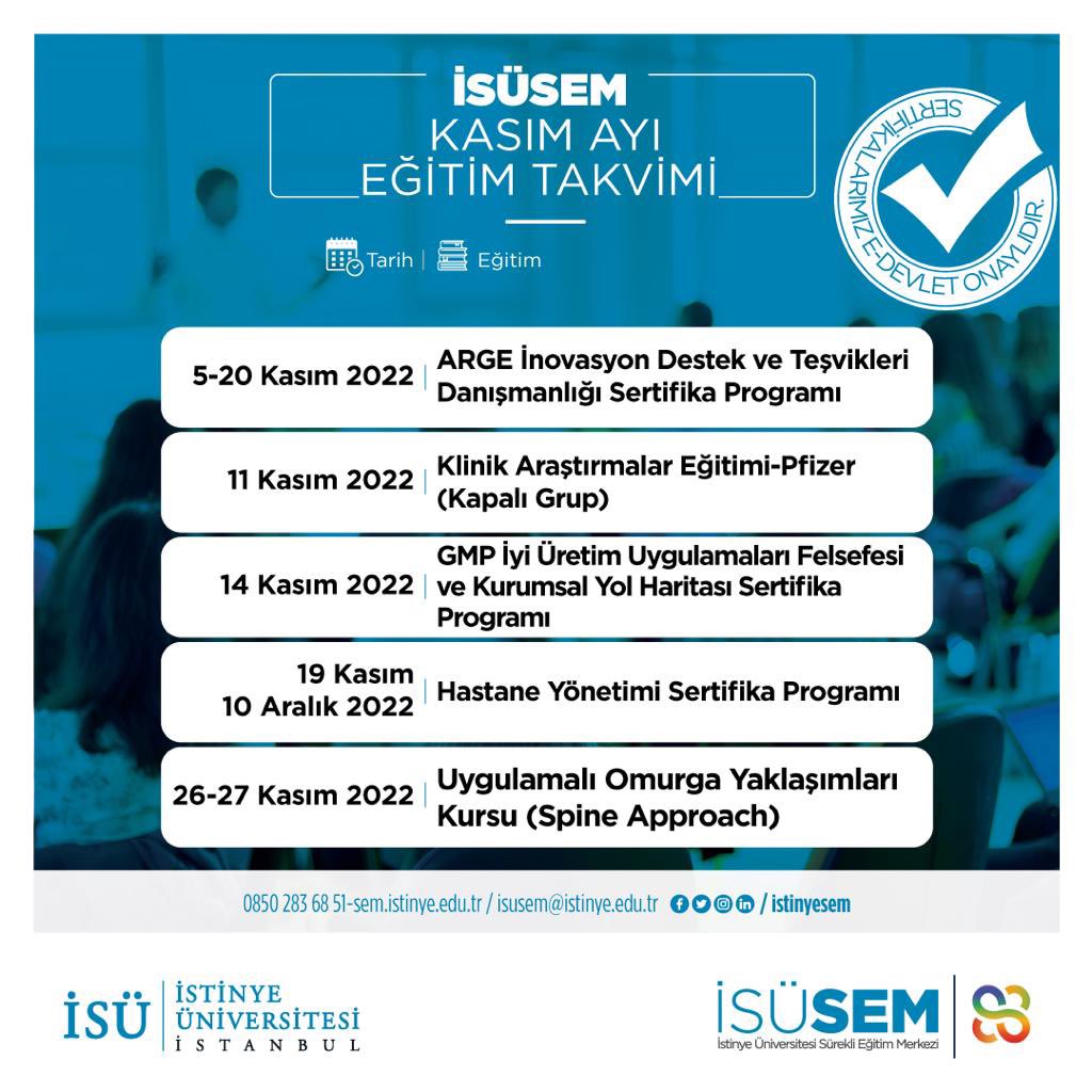 Kasım ayında gerçekleştirilecek olan birbirinden seçkin eğitimlerimize katılmak için lütfen; 

🌎sem.istinye.edu.tr 
📧isusem@istinye.edu.tr
☎️0850 283 68 51

#continouseducation #süreklieğitim #sertifika