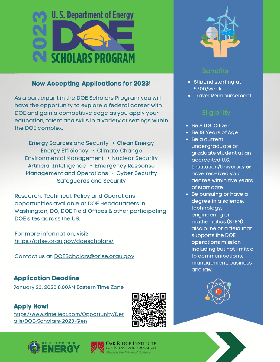 UTDMaterialsSci's tweet photo. Attention Comets! We here at #utdmse want to share that The U.S. Department of Energy is now accepting applications for their DOE Scholars Program for 2023. The deadline for applications is January 23rd of 2023. Information can be found on this helpful flyer. #utd #scholarship https://t.co/8pmGL7ceKA