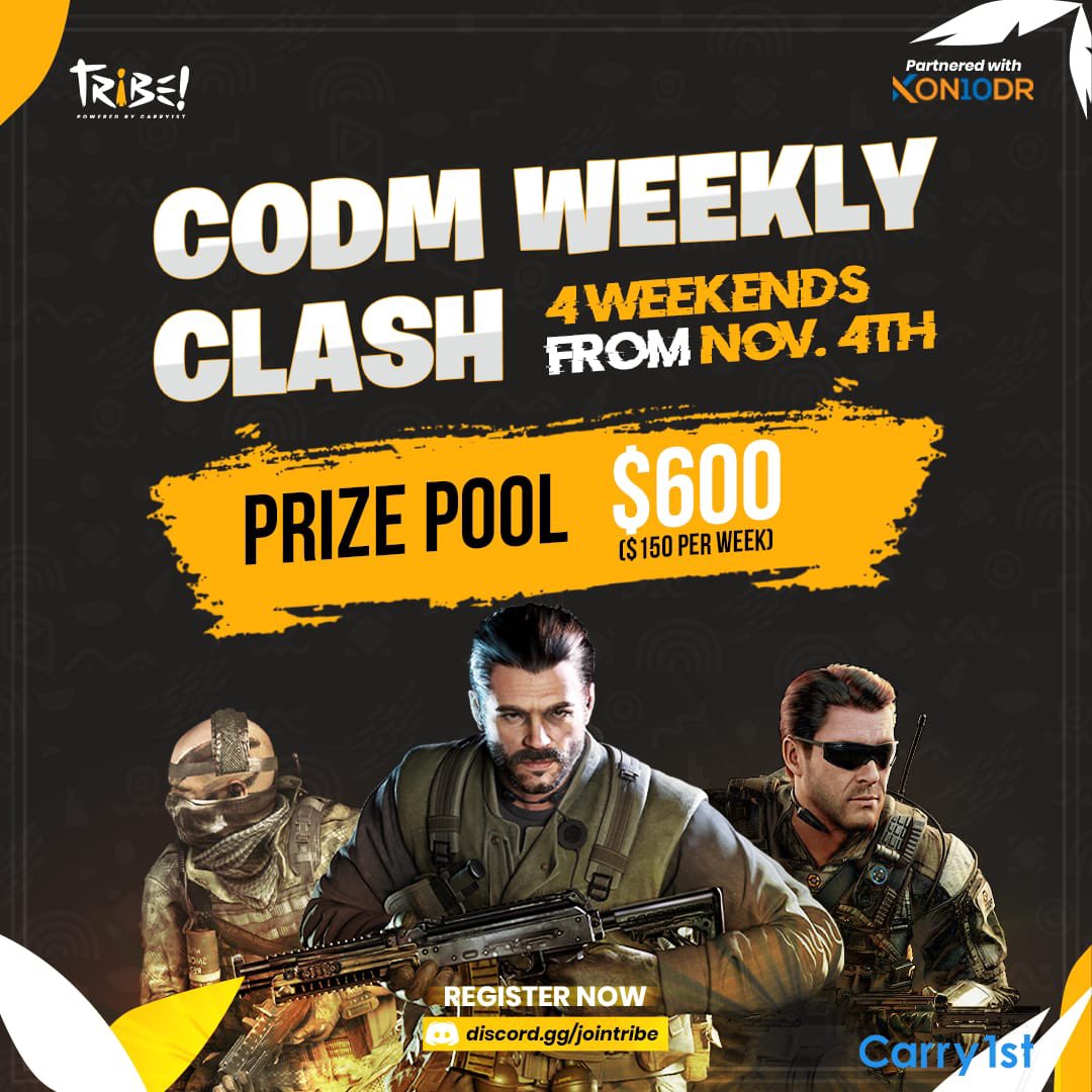 jointribe_gg's tweet photo. Announcing the TRIBE x @CODMAFRICA call of duty mobile weekly clash powered by @carry1st 

https://t.co/IimeERUtW9

First 32 teams
Reg date: Every Monday 12pm- Saturday 12pm WAT 
@kon10dr https://t.co/4o4NSA2oYX