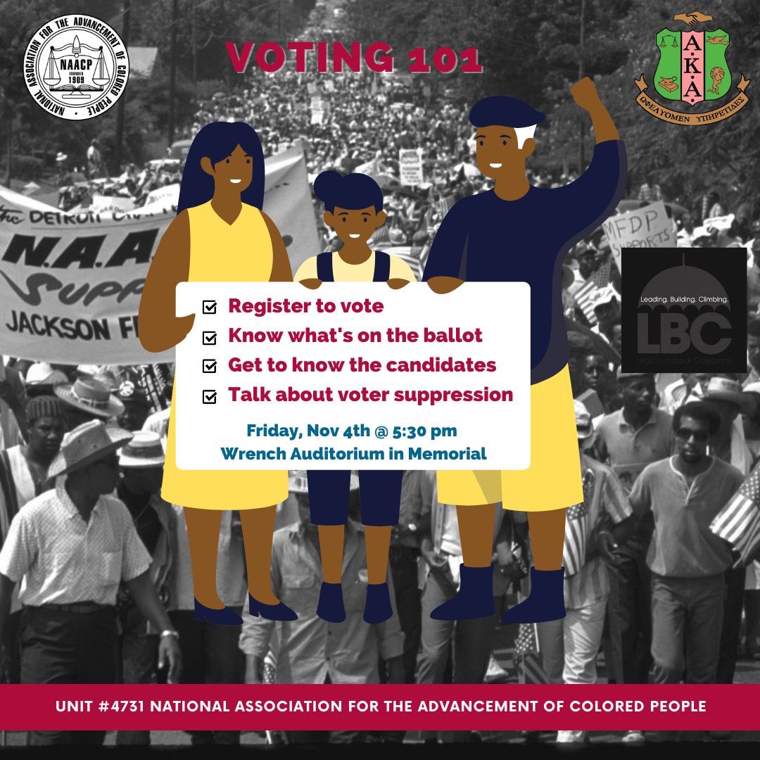 Come out to our collaborative event with <a href="/munaacp/">UNIT #4731 NAACP</a> and <a href="/DeltaTauAKA/">Divine Delta Tau</a> to learn more about how to make your vote count!