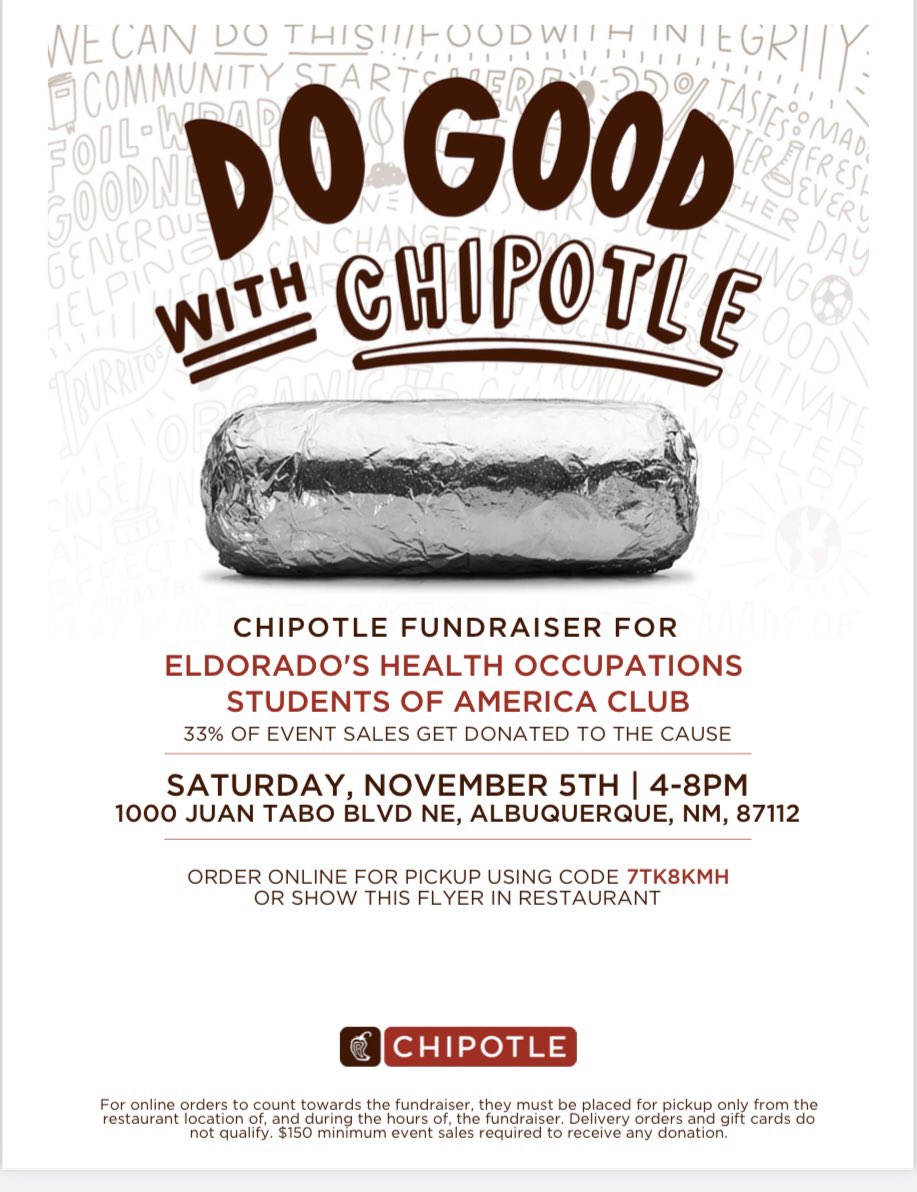 EldoCounseling's tweet photo. Support Eldorado‘s awesome HOSA Club! Eat at Chipotle on J. Tabo near Lomas Sat. 11/5 from 4-8 PM! @EaglesEldorado https://t.co/vPVURIjdIJ
