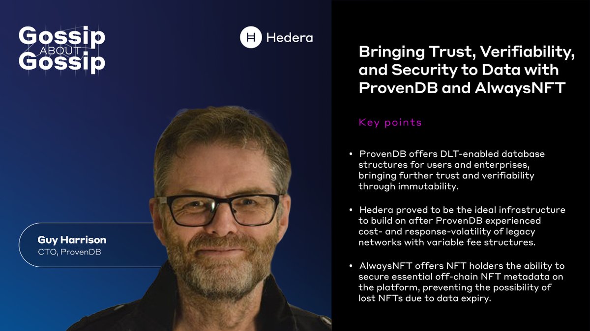 Founder and CTO of @provendb @GuyHarrison joins the podcast this week for an extensive discussion on DLT-enabled databases &amp; his new #NFT metadata storage solution, AlwaysNFT. Tune in to find out why #Hedera was the optimal network for his solutions.

🎙hedera.com/podcast?wchann…