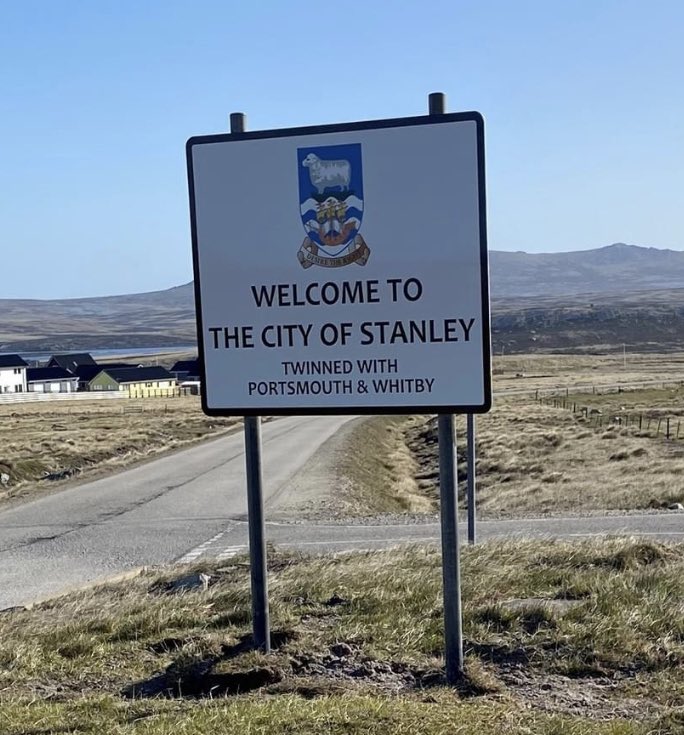 The new “City of Stanley” signs have arrived and been installed as #Stanley officially enjoys its #City status,  created by the late #QueenElizabethII as part of her #QueensPlatinumJubilee celebrations. They also show our new #twintown of #Portsmouth . #Falklands #FalklandIslands