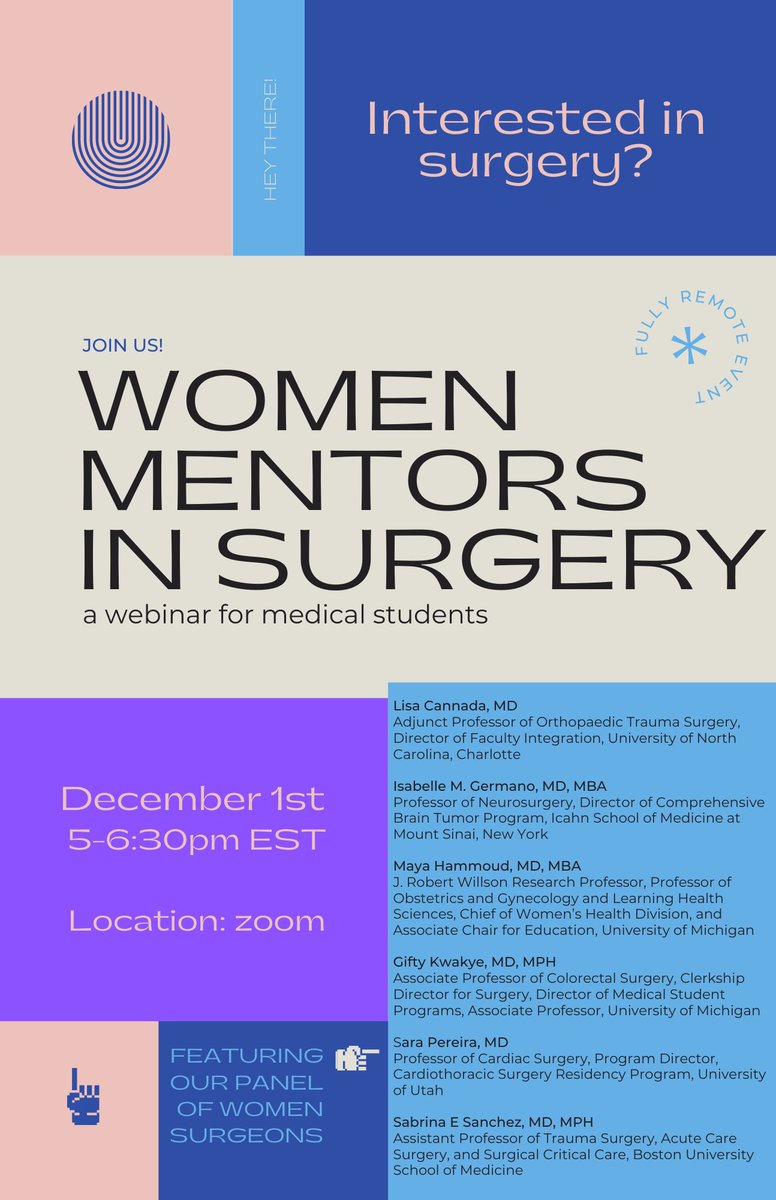 Tandis Soltani, MD (@soltanitandis) on Twitter photo 📣 Excited to announce the “Women Mentors in Surgery” webinar for medical students interested in surgery! Dec 1st at 5pm EST on Zoom. Remarkable panel: @Gifty_Kwakye_MD <a href="/SESanchezMD/">Sabrina Sanchez</a> <a href="/lisacannada/">Lisa Cannada</a> <a href="/saraj_pereira/">Sara Pereira MD</a> <a href="/Maya_Michigan/">Maya Hammoud, MD,MBA (opinions are my own)</a> & Isabelle Germano! Sign up at forms.gle/YaYvwQLBJuFyvH… 📣 Excited to announce the “Women Mentors in Surgery” webinar for medical students interested in surgery! Dec 1st at 5pm EST on Zoom. Remarkable panel: @Gifty_Kwakye_MD <a href="/SESanchezMD/">Sabrina Sanchez</a> <a href="/lisacannada/">Lisa Cannada</a> <a href="/saraj_pereira/">Sara Pereira MD</a> <a href="/Maya_Michigan/">Maya Hammoud, MD,MBA (opinions are my own)</a> & Isabelle Germano! Sign up at forms.gle/YaYvwQLBJuFyvH…