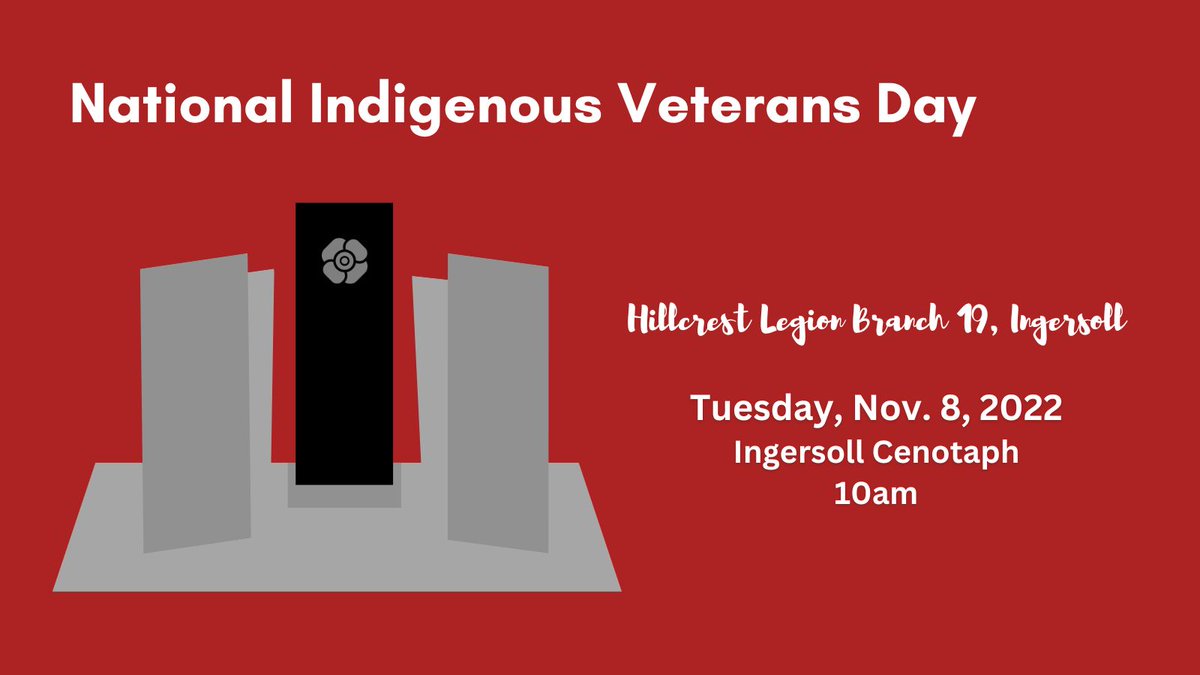A wreath bearing the words “Honouring Indigenous Veterans” will be laid at Ingersoll Cenotaph at 10AM - Tuesday November 8 this year to acknowledge #NationalIndigenousVeteransDay in support of First Nations, Métis and Inuit Veterans and Current Serving Members of @ArmedForcesCA