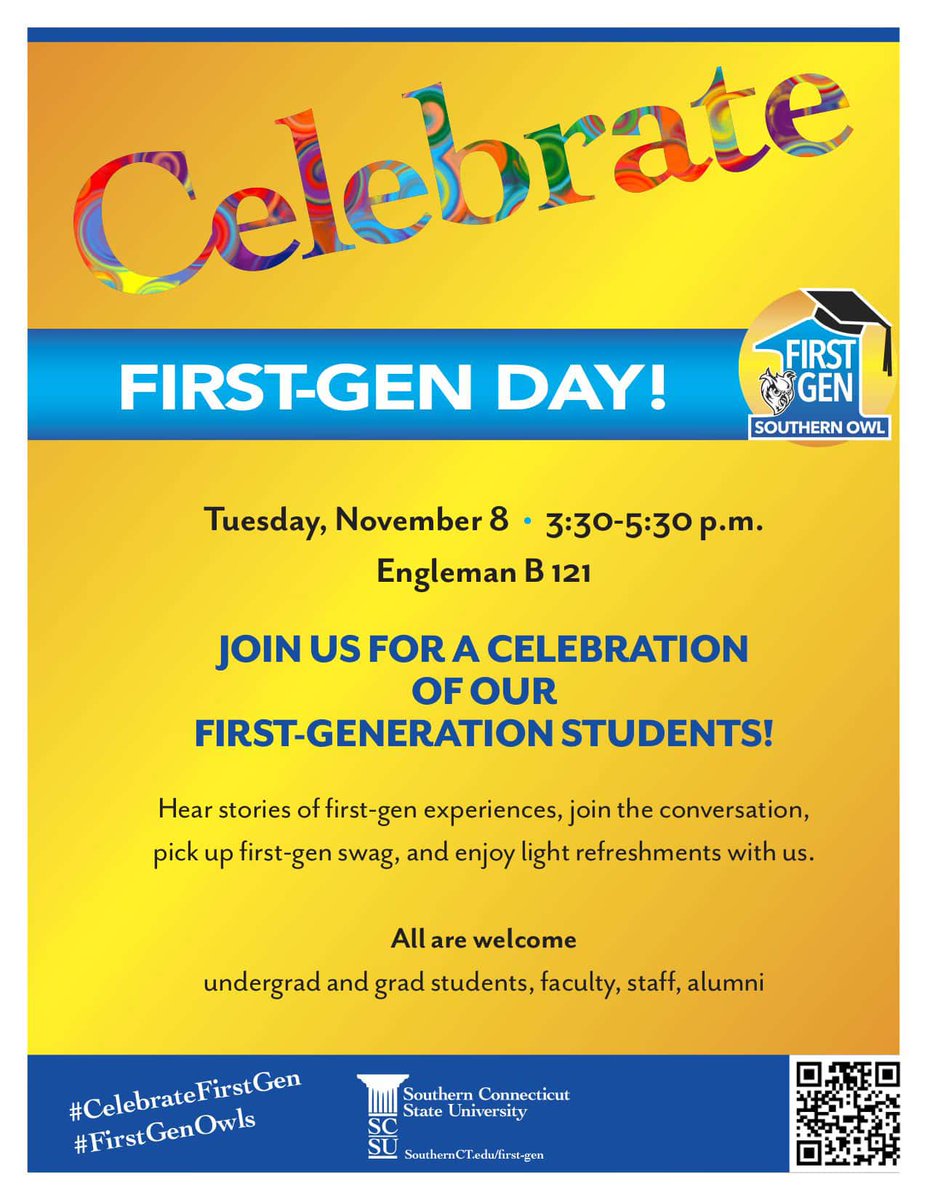 SCSU's tweet photo. Join us in Engleman B121 from 3:30-5:30 for refreshments, conversation, and stories of first-gen experiences, and pick up some first-gen swag. https://t.co/V9UFFSPRIy #SCSUFirstGen https://t.co/8kb0wr5Ohh