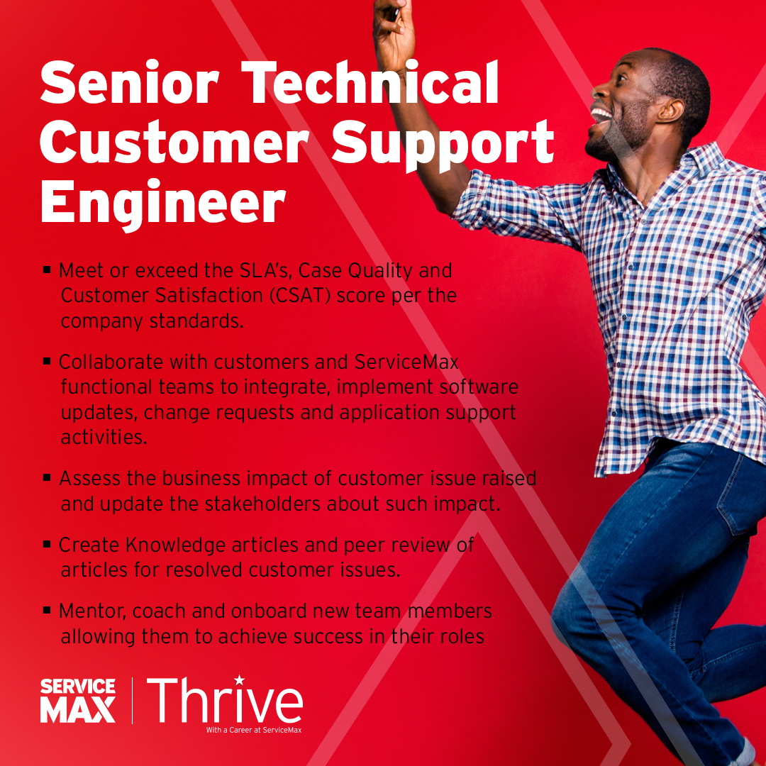 📣 We are hiring! Want to join ServiceMax? Check out these open positions:

- Solution Architect Lead (FieldFX)
- Senior Solution Engineer
- Senior Technical Customer Support Engineer

Apply now: bit.ly/3PFJi6Y

#WeAreHiring #JobAlert #EngineeringJobs