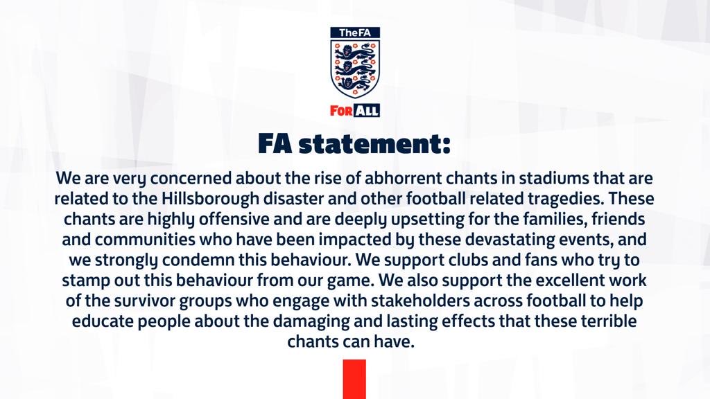 A welcome statement from the FA who are welcome to join our meeting with the ⁦@premierleague⁩ when agreed. The need for football stakeholders to work on the education of supporters regards Hillsborough is long overdue.
#RealTruthLegacyProject
#HillsboroughLaw 
#JFT97