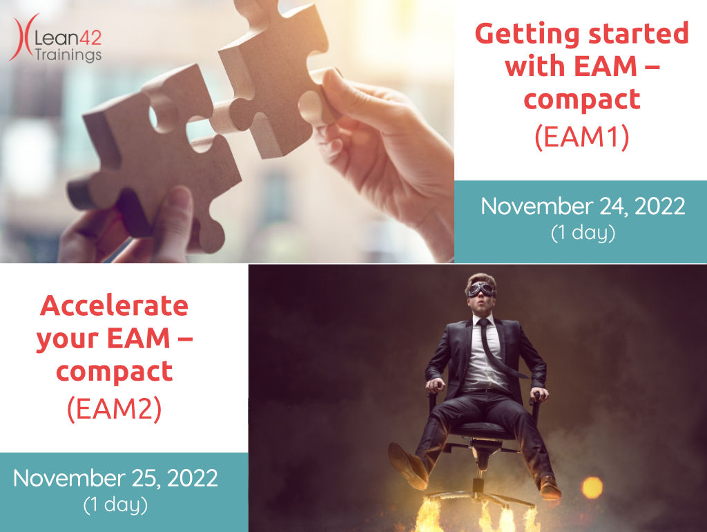 Accelerated training format – up your game with our one-day on site courses: 

EAM I & EAM II:
Thursday November 24, & Friday November 25,  2022; 9 a.m. - 5 p.m. CET
lean42.com/en/events/trai…

#Lean42Training #Training #EAM #EntArch #Becomeanarchitect #AccelerateyourEAM #Lean42