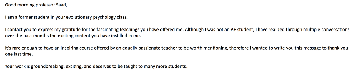 This is why it is so rewarding to be a professor. Message just received. I share this not to be boastful but to remind people to pursue purpose & meaning in your profession. Have a positive impact on others.